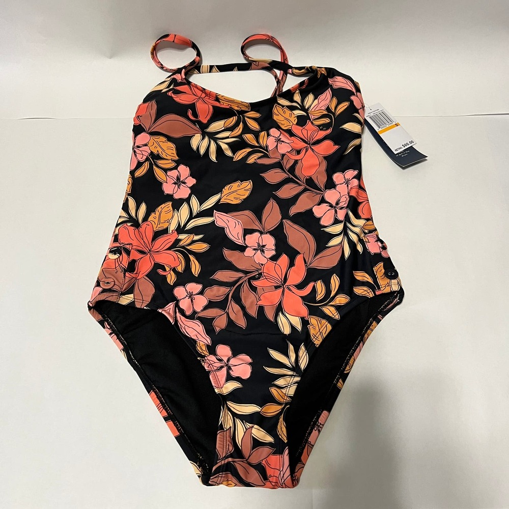 NWT AQUA COUTURE One Piece Swimsuit Black Orange Florals